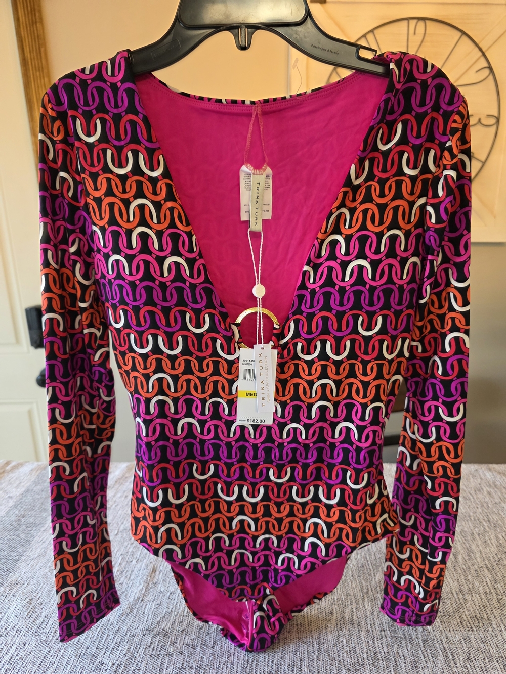 Trina Turk Pink Purple Orange Geometric Long-Sleeve One-Piece